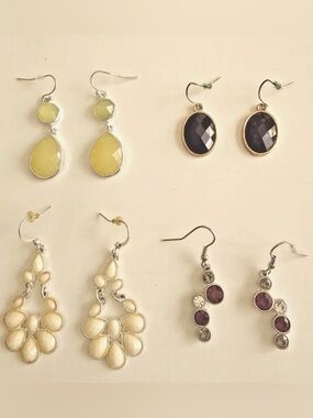 Lot of 4 Dangle Earrings Cream Chandelier Black Bezel Stone Lime Green Stones